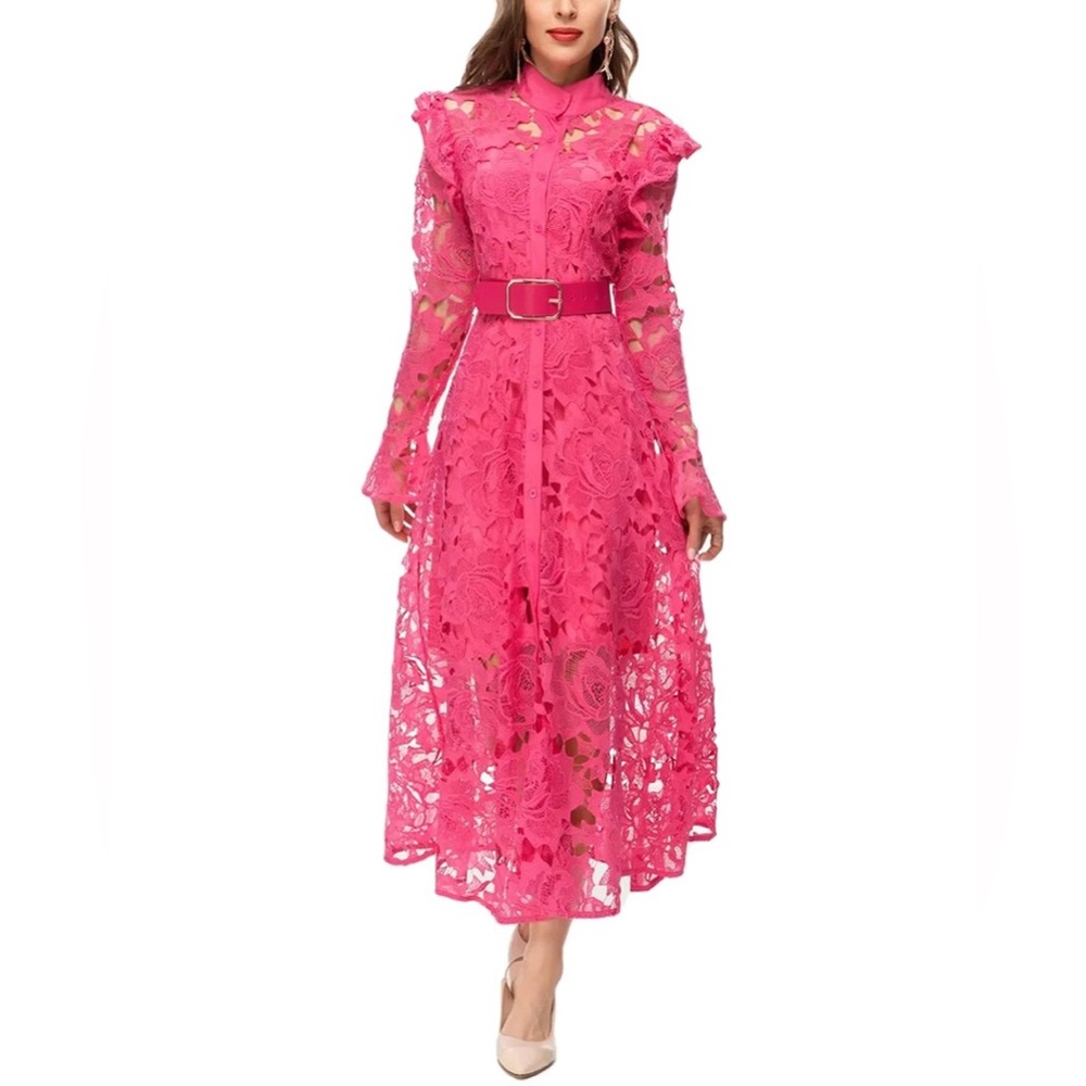 LANELLE | Lace Button Down Midi Dress in Pink